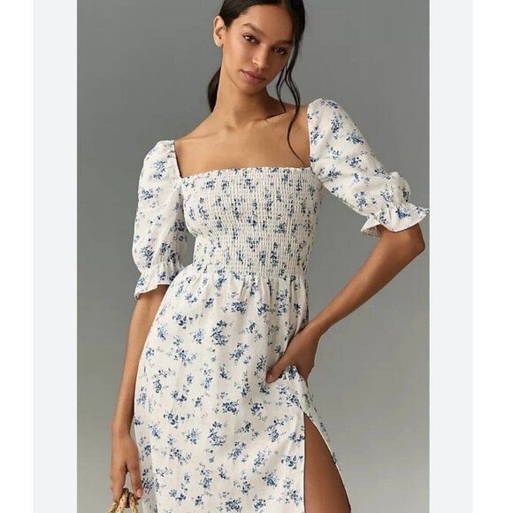 NWOT Reformation Marbella Blue Floral Smocked Puff Sleeve Midi Dress Medium - Picture 9 of 12